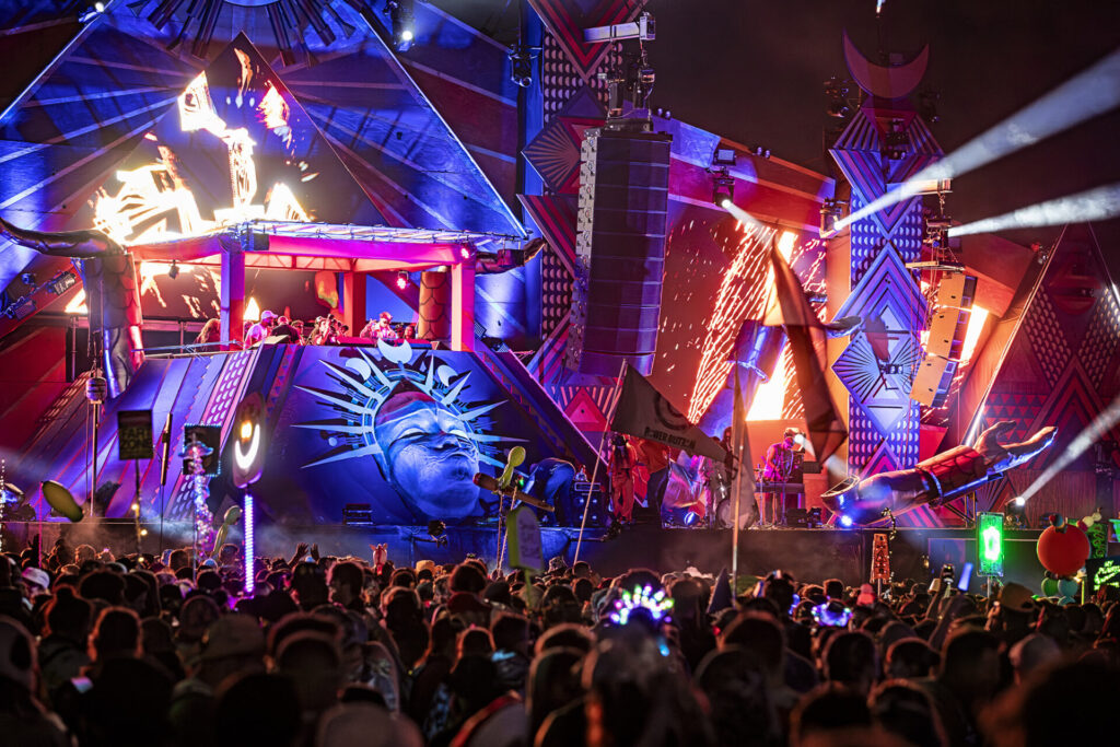 Close-up of elements festival stage with crowd