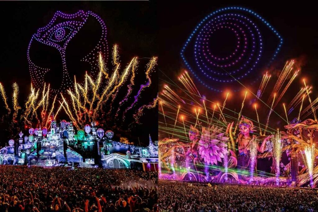 Photograph of both Tomorrowland and EDC Las Vegas main stages from 2023 with fireworks and drone shows.